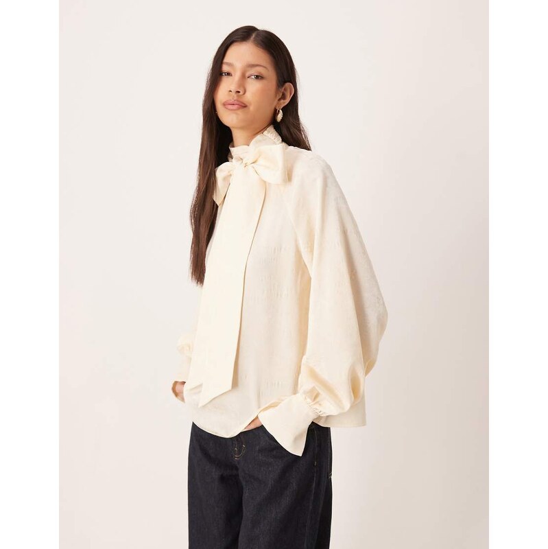 Pretty Lavish oversized pussybow bell sleeve blouse in cream-White 112637697