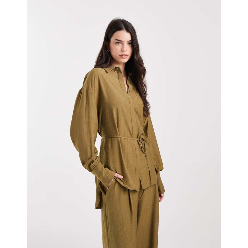 ASOS DESIGN wrap front double tie mensy shirt co-ord in olive