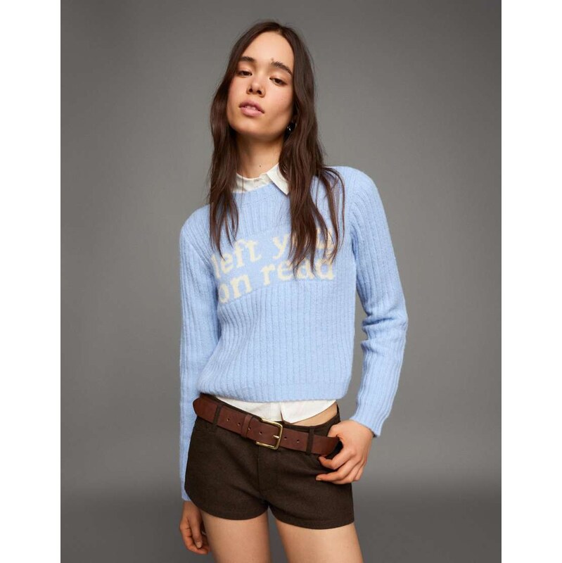Bershka Printed knit jumper in denim blue