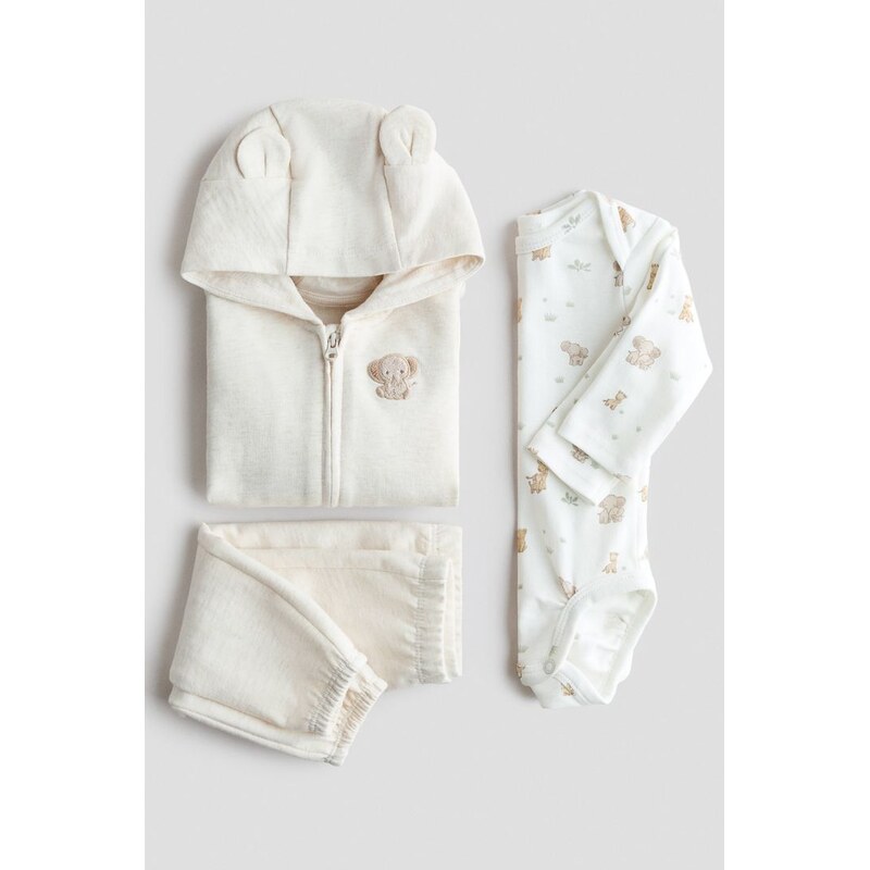 H&M - Trojdílná bavlněná souprava - Světle Béžová/Zvířátka