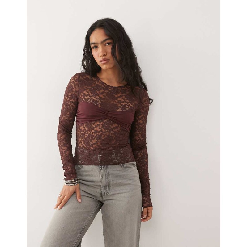 Lioness Midnight long sleeve sheer lace top in shiraz-Red 115519220