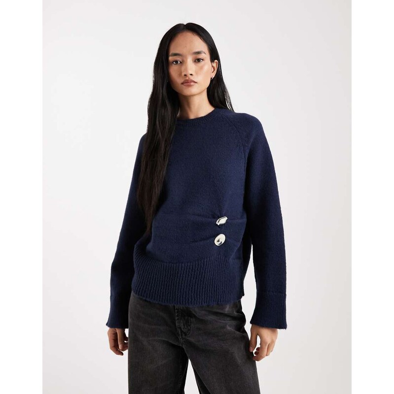 ASOS DESIGN fluffy knitted jumper with metal hardware in navy