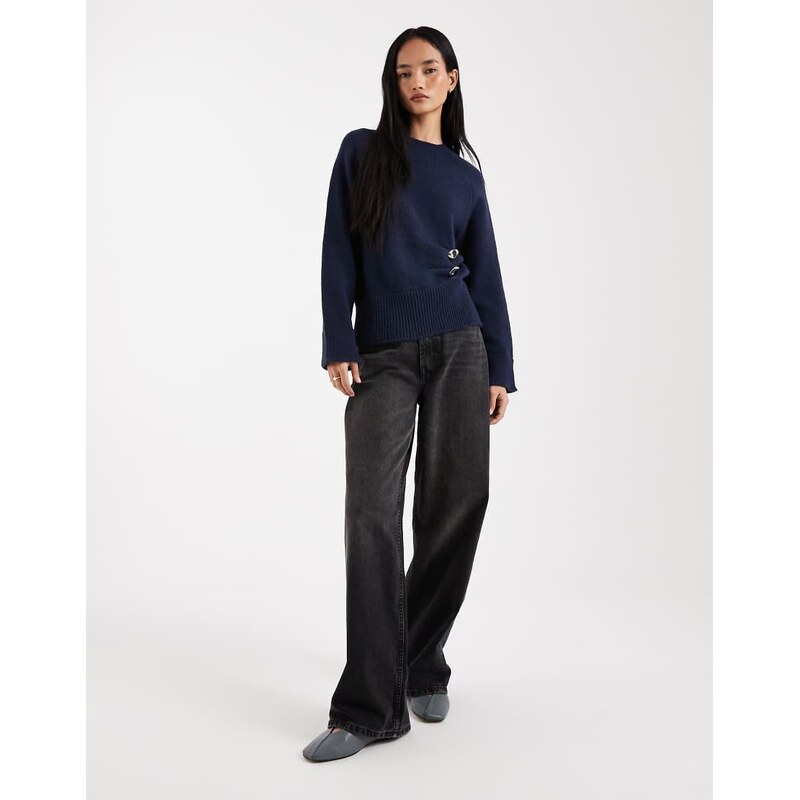 ASOS DESIGN fluffy knitted jumper with metal hardware in navy