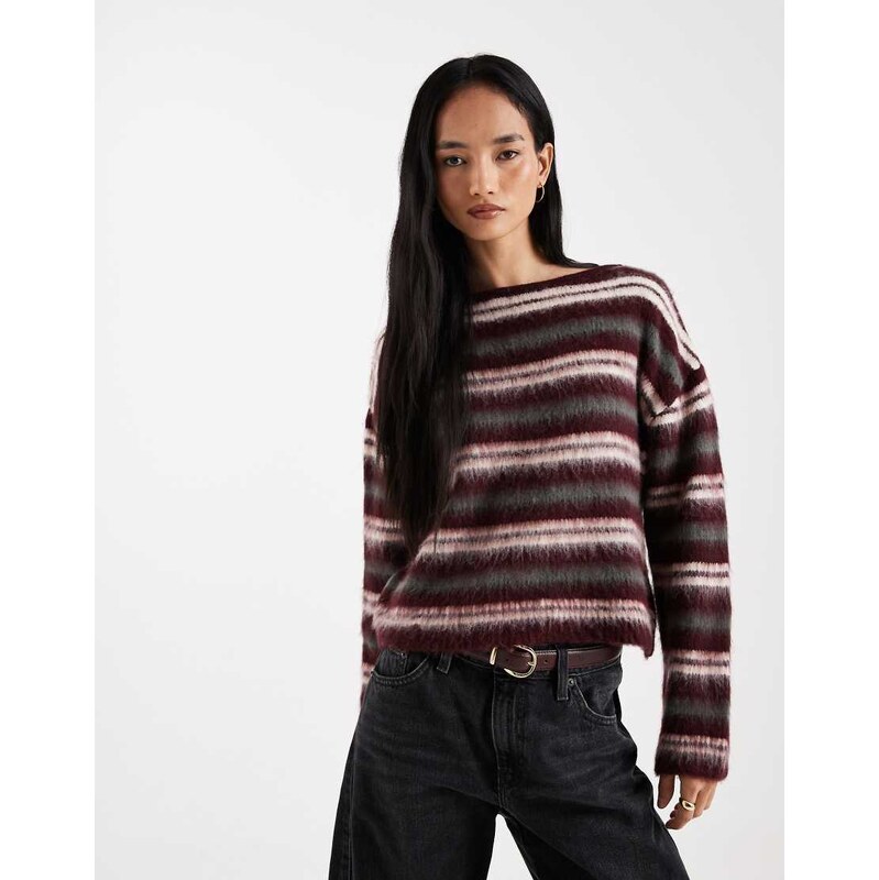 ASOS DESIGN knitted jumper in burgundy brushed stripe-Multi
