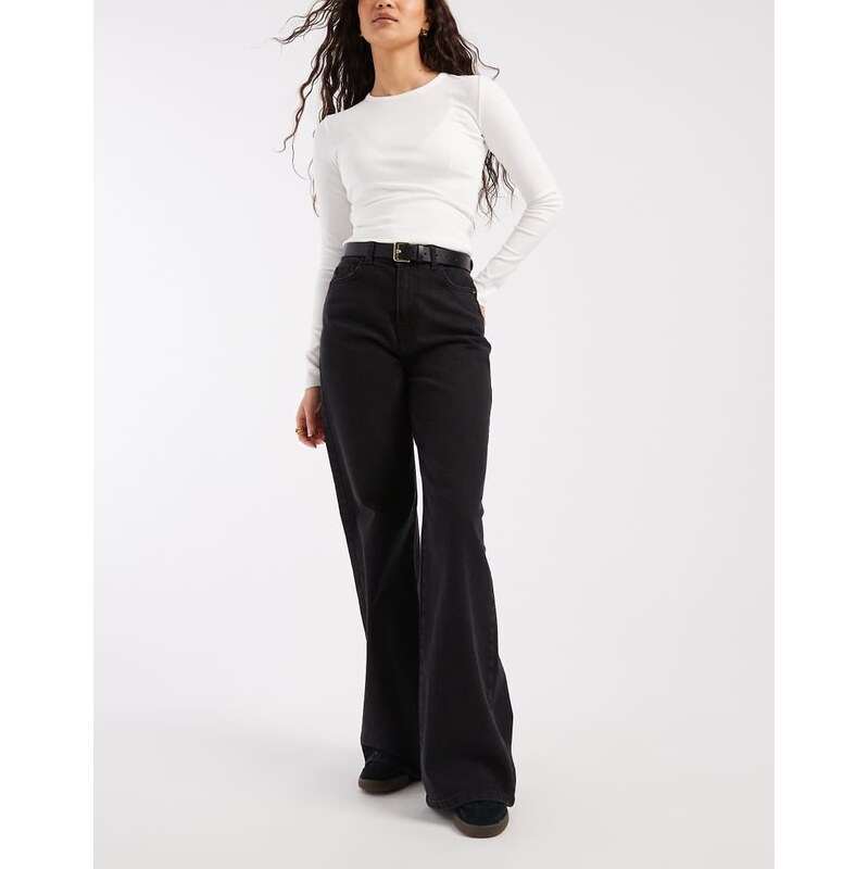 Pieces Selma high waisted wide leg jeans in black denim