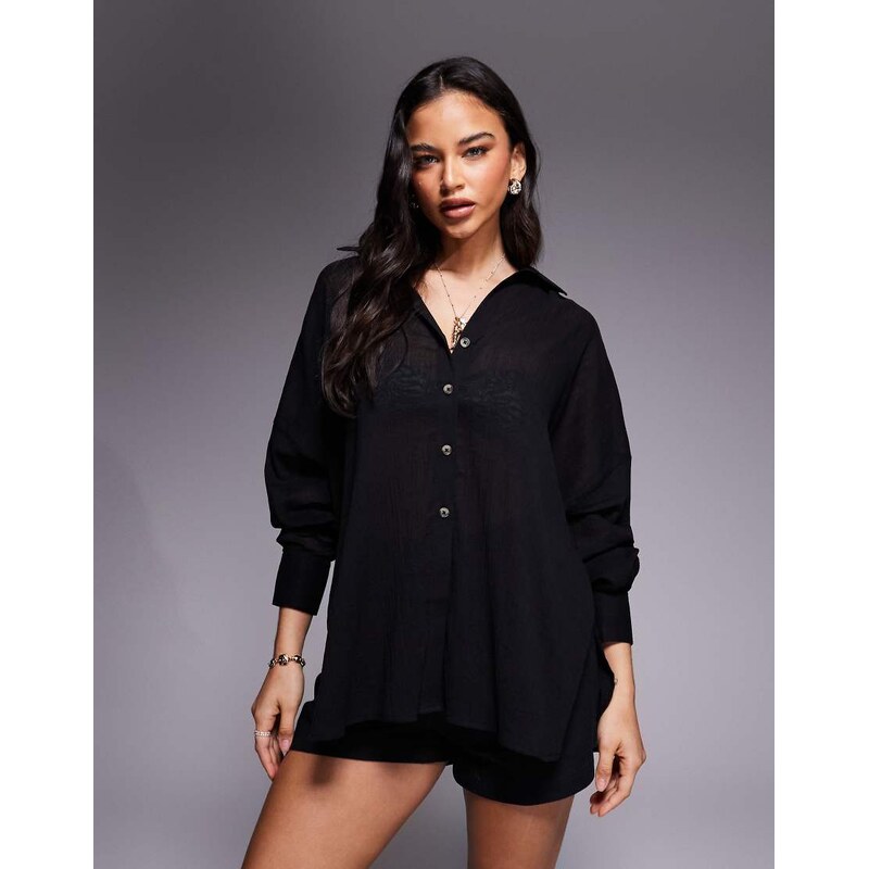 ASOS DESIGN Cabot beach sheer cotton crinkle cover up in black 115515888