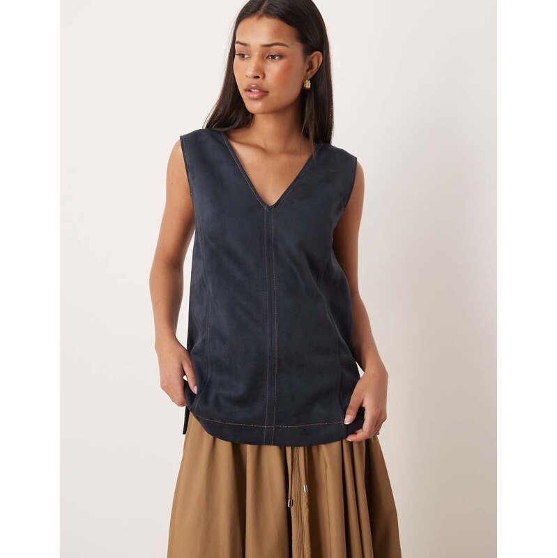 ASOS DESIGN suedette top with contrast stitch in navy