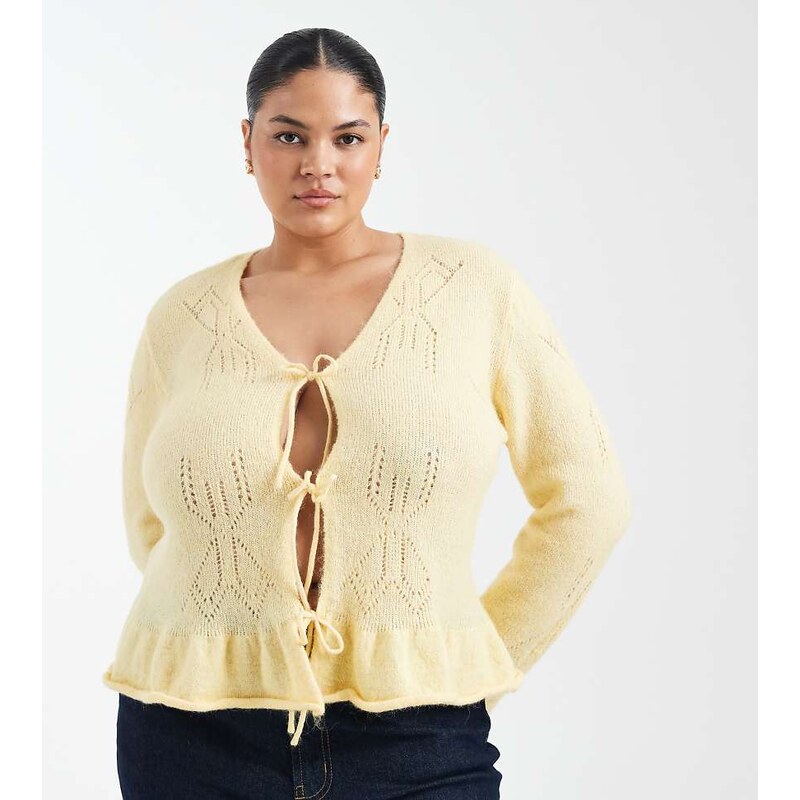 ONLY Curve tie front knitted cardigan in pale yellow