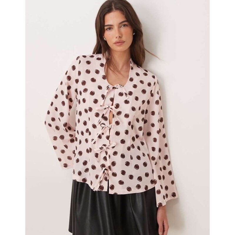 Sister Jane scoop neck bow detail blouse in pink spot