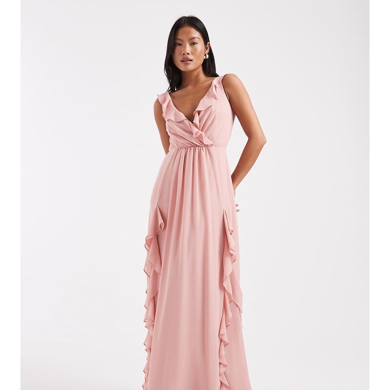 TFNC Petite Bridesmaid chiffon v neck ruffle maxi dress in pink 114587965
