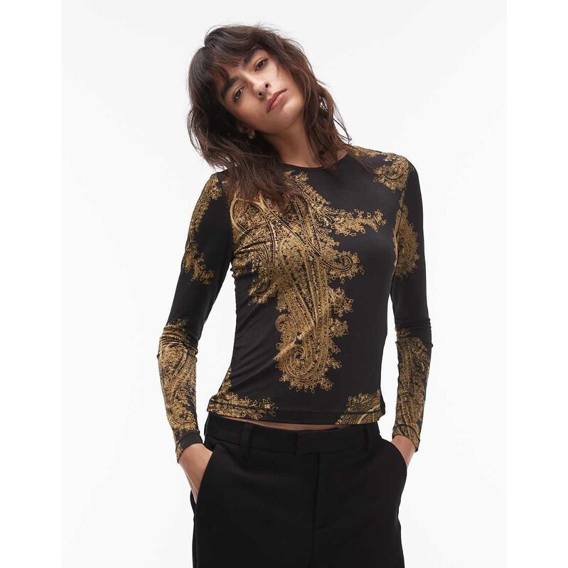 Allsaints printed katlyn long sleeve top in black and gold 112392547