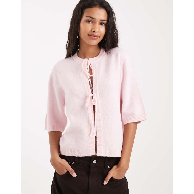 ONLY tie front short sleeve boxy knitted top in light pink