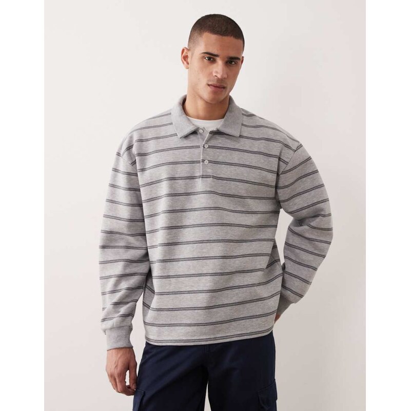 ASOS DESIGN oversized polo sweatshirt in grey marl stripe