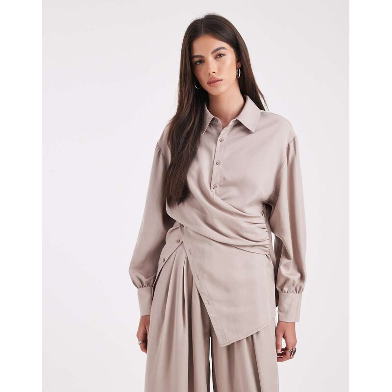 ASOS DESIGN wrap over cinched waist shirt co-ord in taupe-Multi