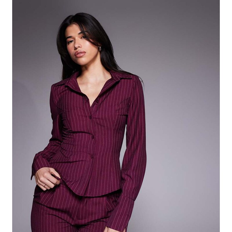 Kaiia exclusive button front fitted shirt co-ord in burgundy