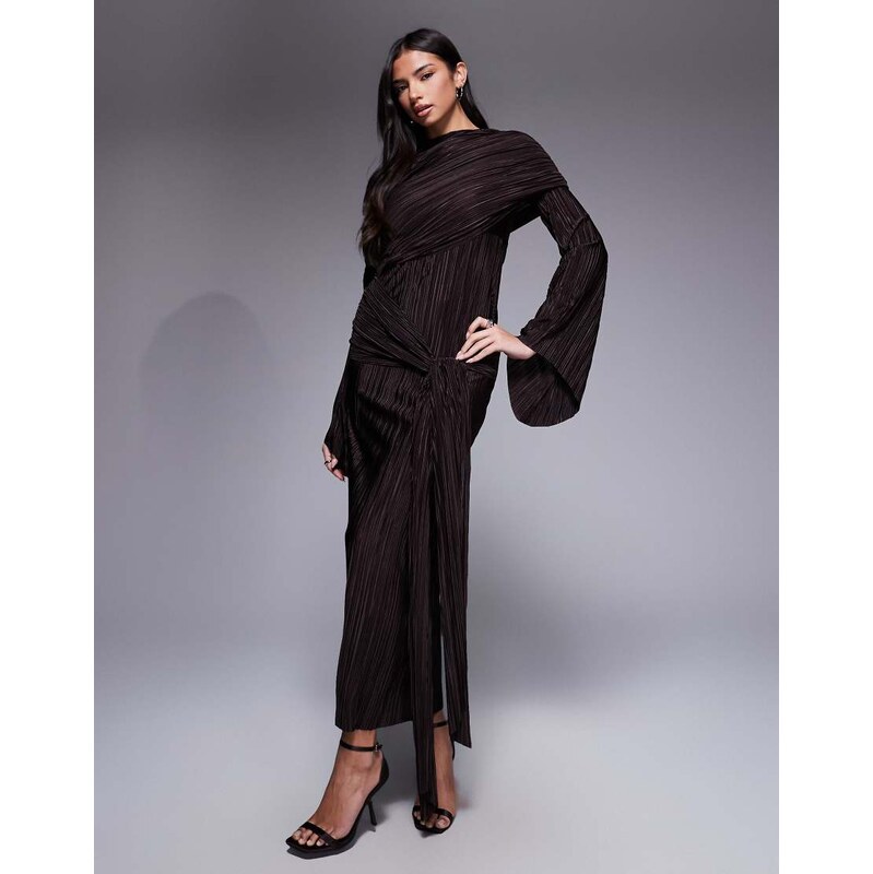 ASOS DESIGN plisse maxi dress with draping detail in chocolate