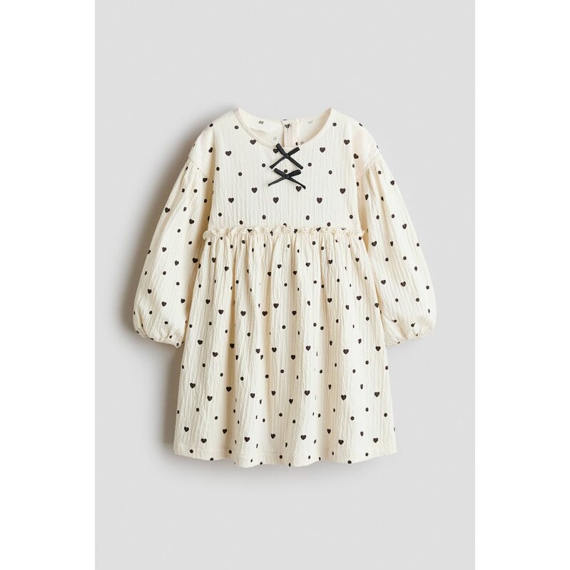 H&M - Mačkané šatys mašličkami - Krémová/Srdíčka