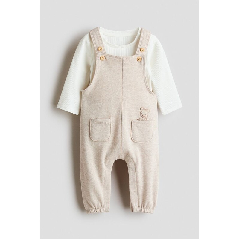 H&M - Dvoudílná bavlněná souprava - Světle Béžová/Bílá