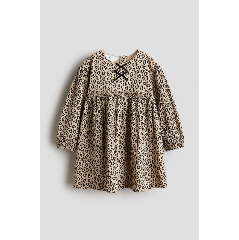H&M - Mačkané šatys mašličkami - Béžová/Leopardí Potisk