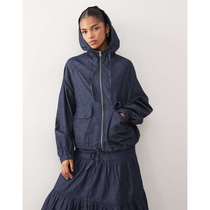 Reclaimed Vintage hooded zip through jacket in indigo denim-Blue 112765502