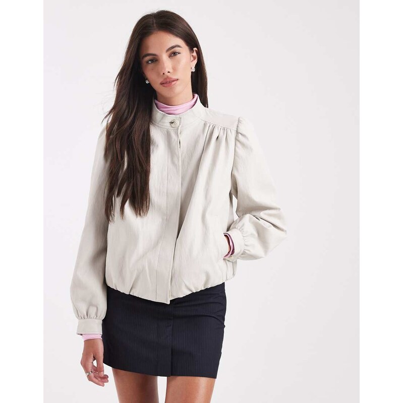 Miss Selfridge faux leather gathered detail jacket in stone
