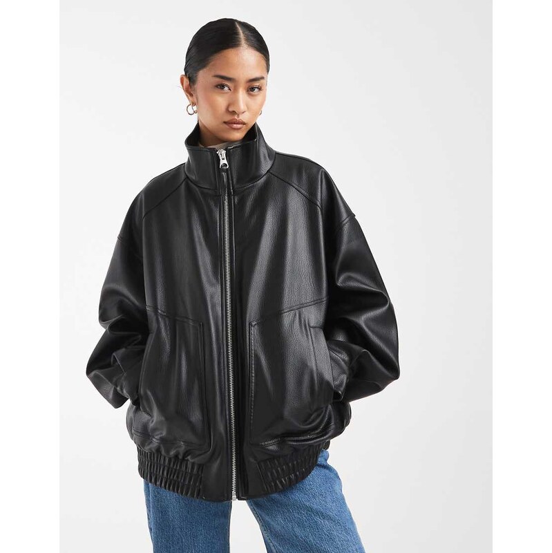 ASOS DESIGN oversized leather look funnel bomber jacket in black