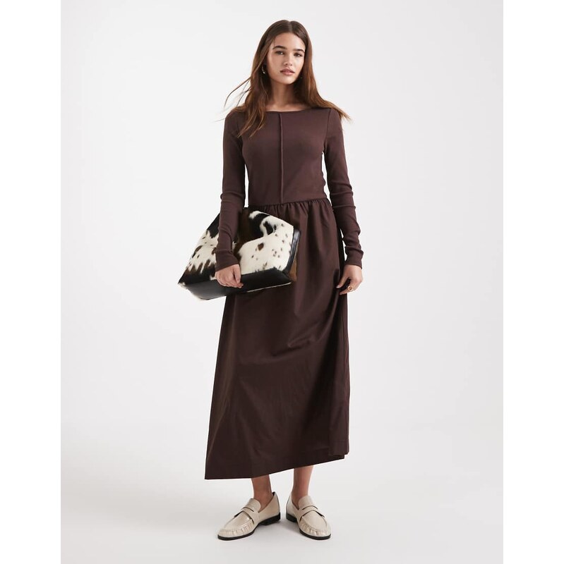 Threadbare boat neck midi dress with seam detail in chocolate brown 112521883