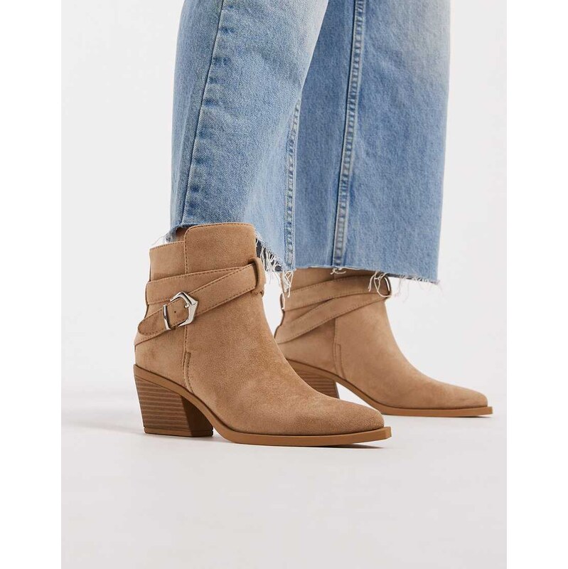 SEQWL Western low ankle boot with buckle detail in taupe