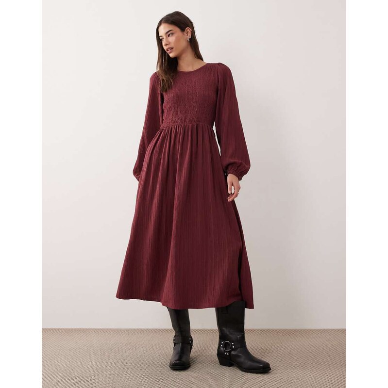 Threadbare long sleeve crinkle midi dress in fig-Red
