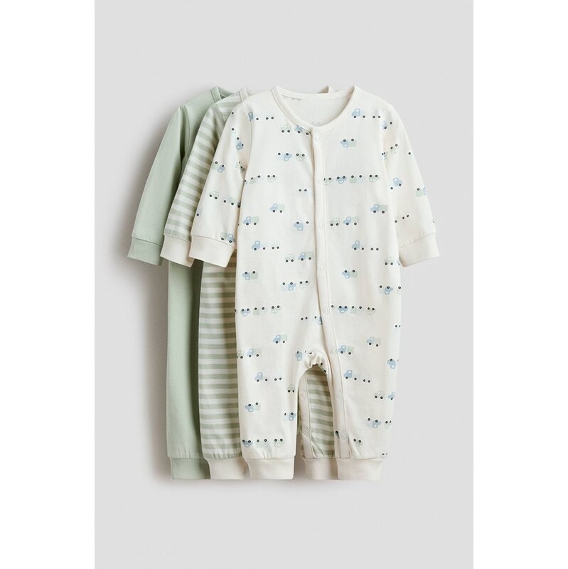 H&M - Bavlněný pyžamový overal 3 kusy - Světle Zelená/Vozidla