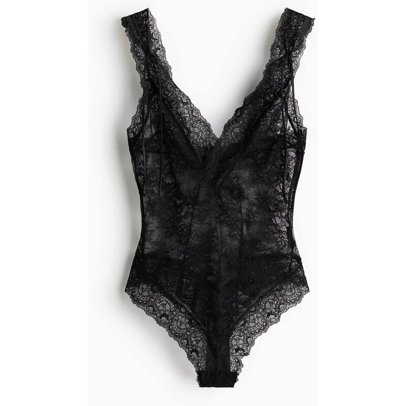 H&M - Krajkové bodys hlubokým výstřihem - černá 112413889