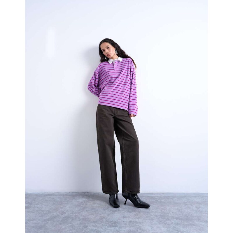 Topshop towelling stripe oversized long sleeve polo in pink 112418700