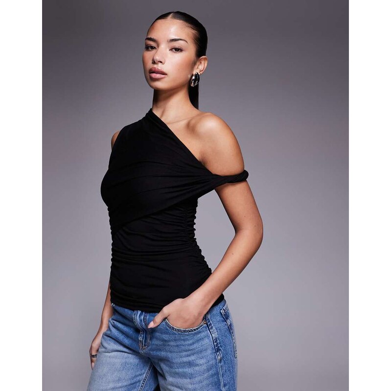 ASOS DESIGN ruched twist side cut away draped top in black