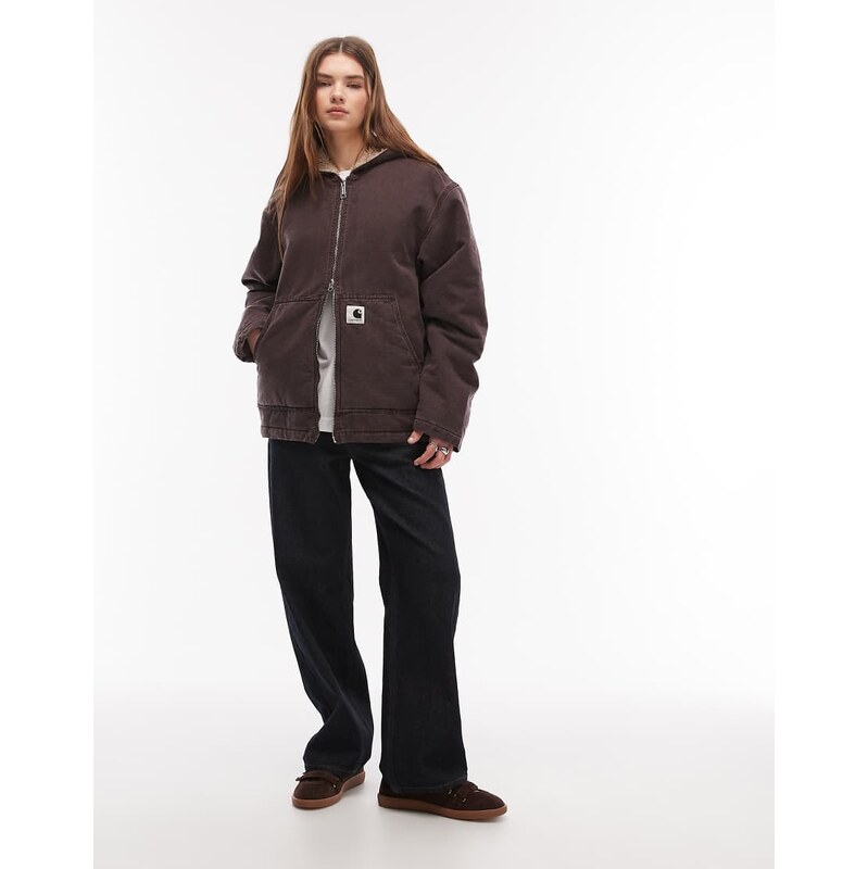 Carhartt WIP OG mitch hooded jacket in dark brown with shearling 112432849