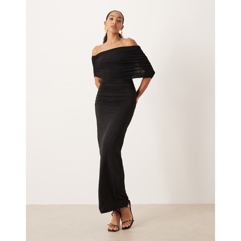 SNDYS mesh bardot sleeve ruched waist maxi dress in black-Red 115529426