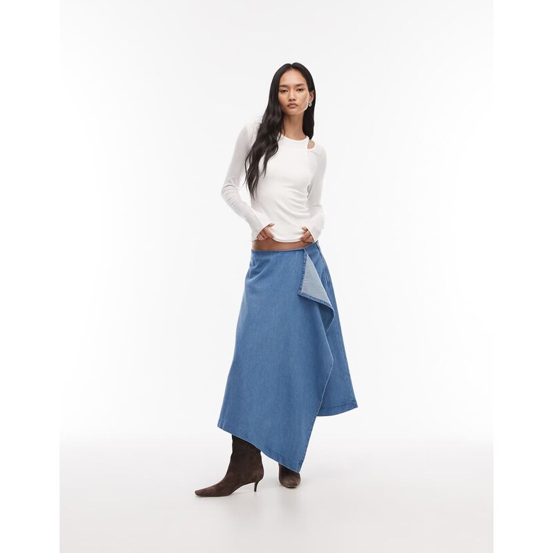 ASOS DESIGN asymmetrical hem soft denim skirt in mid blue-Brown