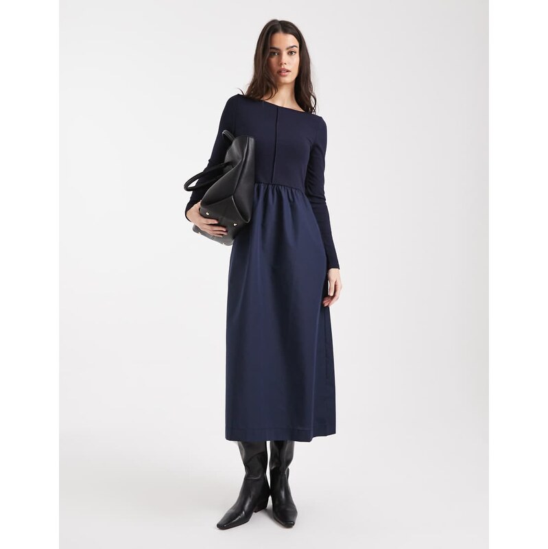 Threadbare boat neck midi dress with seam detail in navy 115515983