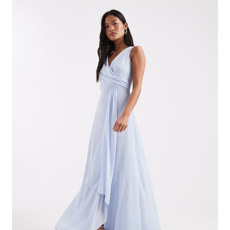 TFNC Petite Bridesmaid chiffon wrap top draped maxi dress in