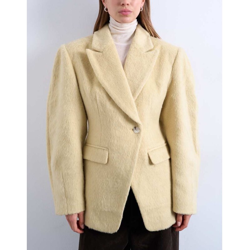 Topshop brushed ovoid sleeve cinch waist blazer coat in buttermilk 112522124