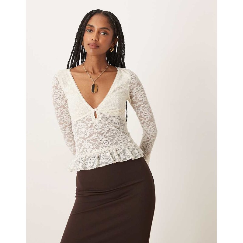 Motel Roselle long sleeve lace ruffle edged top in white