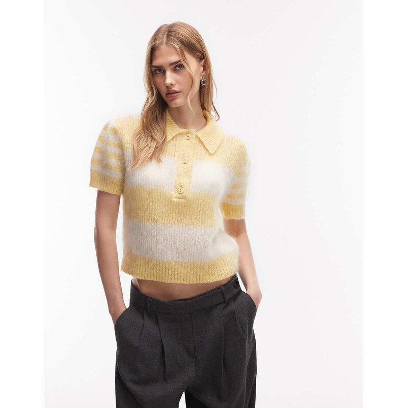 AllSaints clem knit polo in yellow stripe