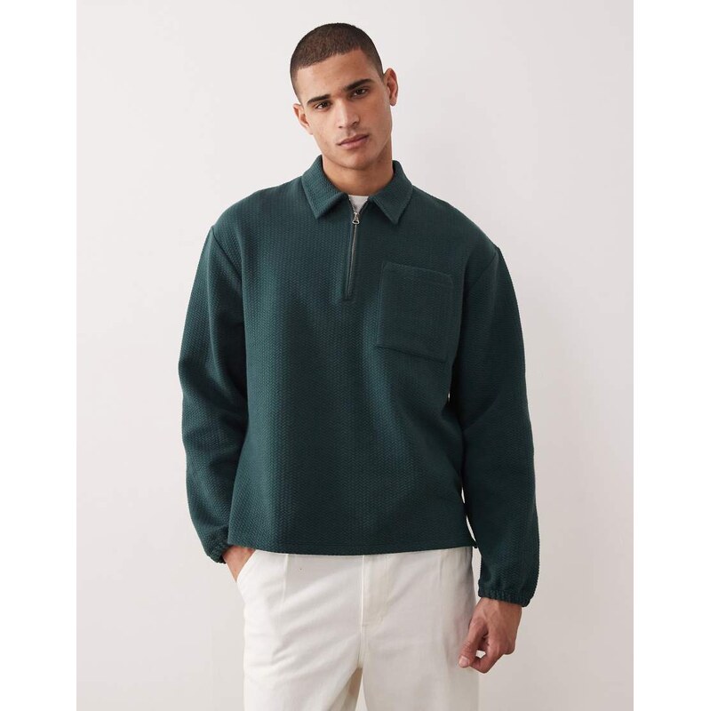 ASOS DESIGN oversized quarter zip polo sweatshirt in dark green