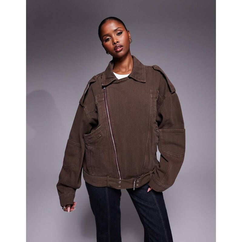 Liquor N Poker biker jacket with zip through in beige-Brown
