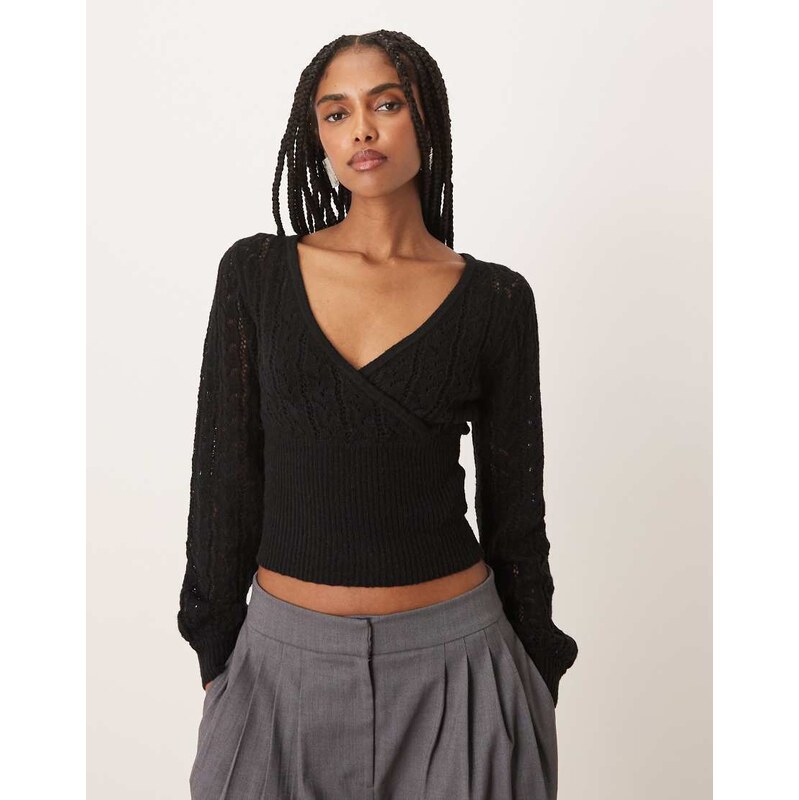 Motel Nilara long sleeve pointelle knit top in black