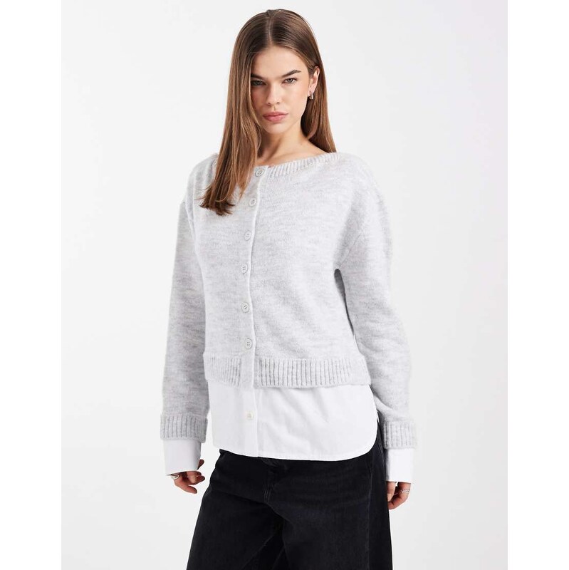 ASOS DESIGN knitted cardigan with 2 in 1 shirting in grey