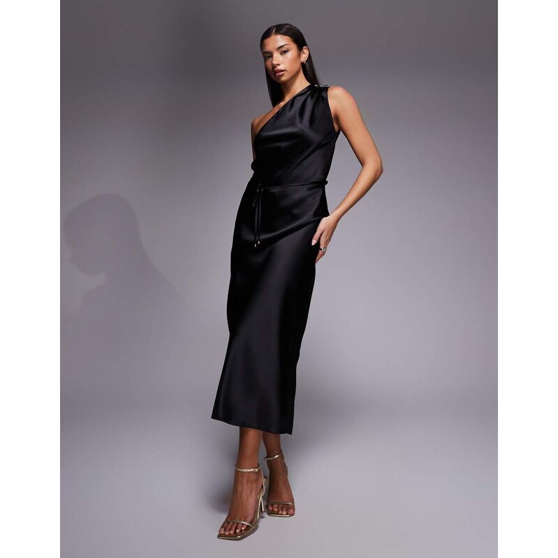 New Look satin one shoulder tie midi dress in black