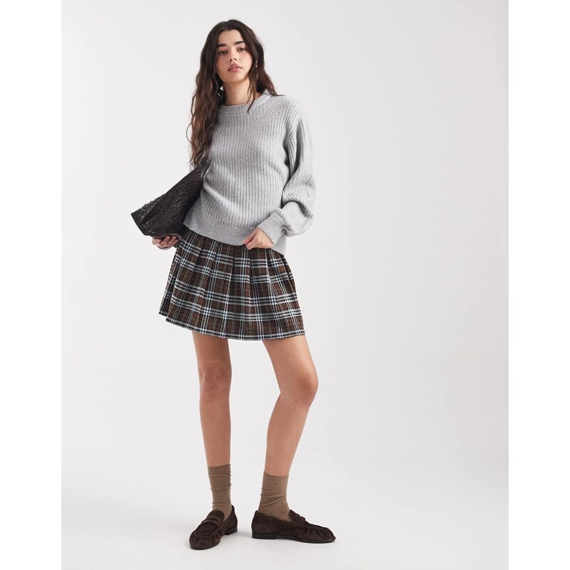 New Look check pleated mini skirt in brown-Blue