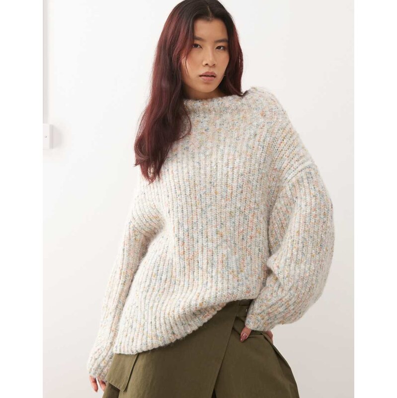Monki chunky knit turtle neck jumper in peach fleck colour-Multi 115519718
