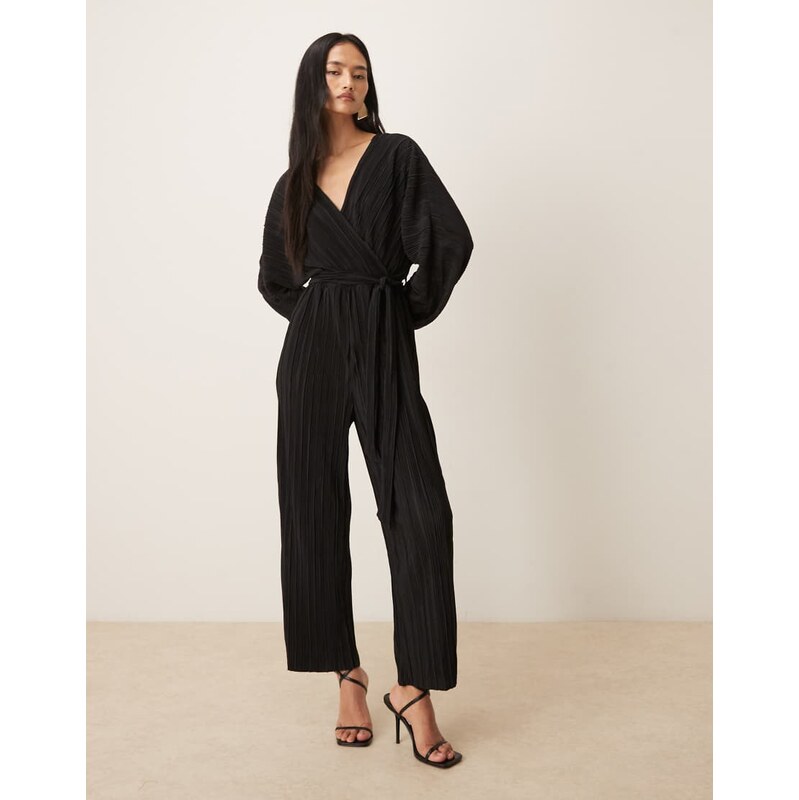 YAS long sleeve tie waist plisse jumpsuit in black 115541551