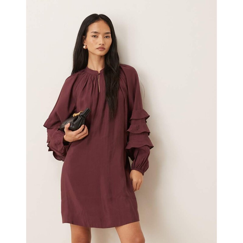 YAS boho ruffle sleeve mini dress with tie waist in burgundy-Red
